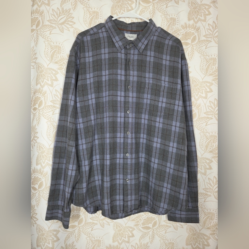 MENS Stitch Note Cotton Flannel Shirt XL Gray Blue Plaid Button Down Cozy Preppy